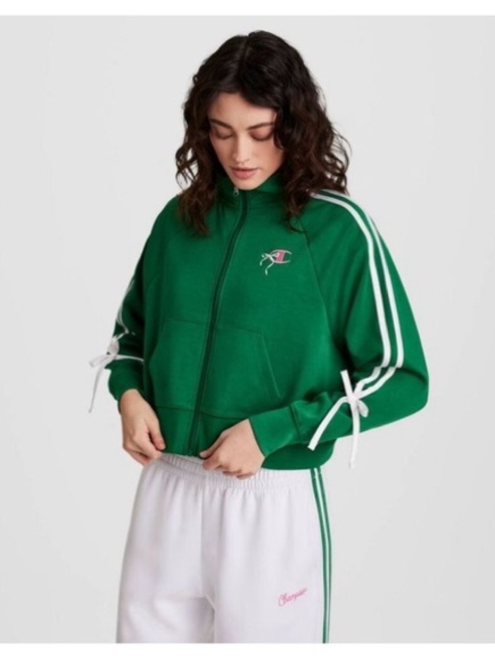 NWT Champion Green Zip-Up Bomber Jacket with Pink Logo and White Bow Details